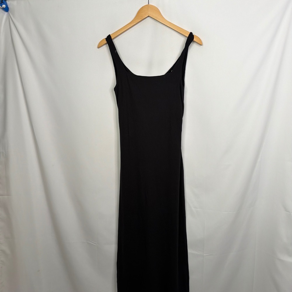 Nine Britton Black Ribbed Square Neck Twist Back Cutout Midi Dress Medium NWT - Picture 6 of 9